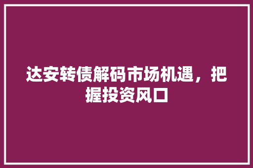 达安转债解码市场机遇，把握投资风口