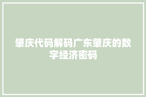 肇庆代码解码广东肇庆的数字经济密码