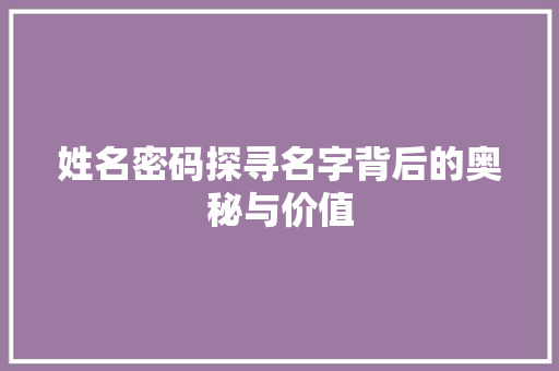 姓名密码探寻名字背后的奥秘与价值